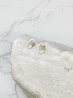 Glitzy Locked Link Earrings - White