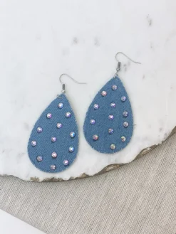 Glitzy Rhinestone Denim Dangle Earrings
