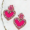 Glitzy Rhinestone Heart Dangle Earrings - Pink
