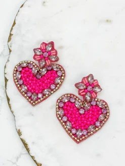 Glitzy Rhinestone Heart Dangle Earrings - Pink