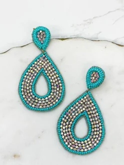 Glitzy Seed Bead Teardrop Dangle Earrings - Turquoise