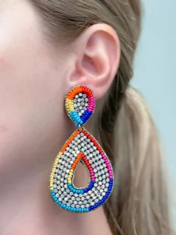 Glitzy Seed Bead Teardrop Dangle Earrings - Rainbow