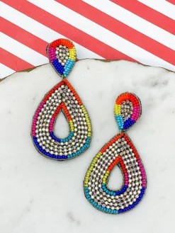 Glitzy Seed Bead Teardrop Dangle Earrings - Rainbow