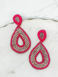 Glitzy Seed Bead Teardrop Dangle Earrings - Pink