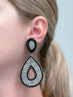 Glitzy Seed Bead Teardrop Dangle Earrings - Black