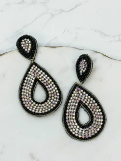 Glitzy Seed Bead Teardrop Dangle Earrings - Black
