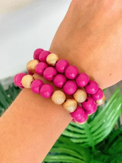 Gold & Color Bead Bracelet Stack - Pink