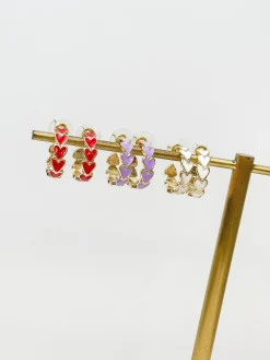 Gold & Enamel Heart Hoop Earrings - Purple