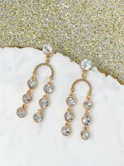 Gold & Glass Bead Arch Dangle Earrings - Clear