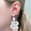 Gold & Leather Snake Drop Dangle Earrings - White