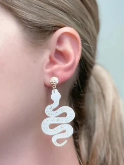 Gold & Leather Snake Drop Dangle Earrings - White