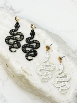 Gold & Leather Snake Drop Dangle Earrings - White
