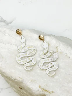 Gold & Leather Snake Drop Dangle Earrings - White