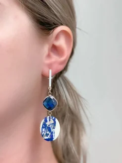 Gold & Navy Geometric Clay Dangles - Rhinestone