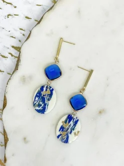 Gold & Navy Geometric Clay Dangles - Rhinestone