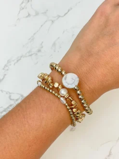Gold & Pearl Beaded Stretch Bracelet Set