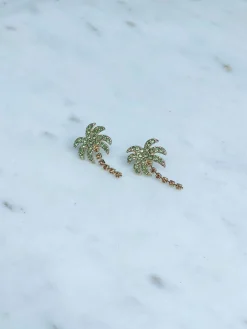 Gold & Rhinestone Palm Tree Stud Earrings