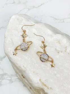 Gold & Silver Saturn Dangle Earrings