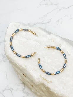 Gold Beaded Skinny Hoop Earrings - Navy