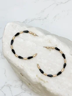 Gold Beaded Skinny Hoop Earrings - Black