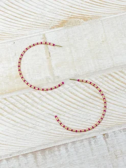 Gold Beaded Skinny Hoop Earrings - Fuchsia