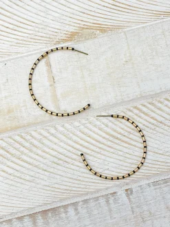 Gold Beaded Skinny Hoop Earrings - Black
