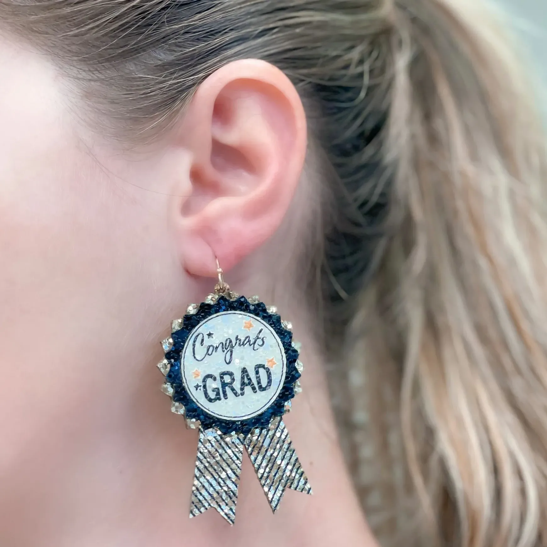 Gold Glitter Ribbon 'Congrats Grad' Dangle Earrings