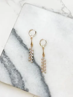 Gold Huggie Hoop Crystal Drop Earrings - Clear