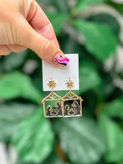 Gold Nativity Scene Dangle Earrings
