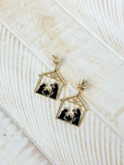 Gold Nativity Scene Dangle Earrings