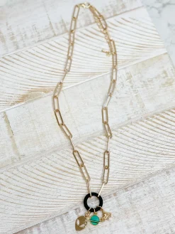 Gold Paperclip Silicone Ring Charm Necklace - Black