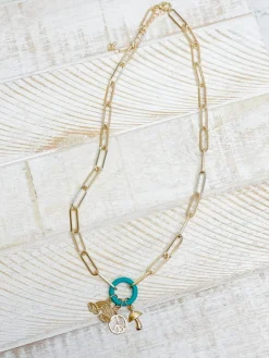 Gold Paperclip Silicone Ring Charm Necklace - Turquoise