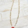 Gold Paperclip Silicone Ring Charm Necklace - Red