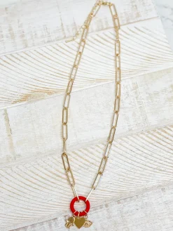 Gold Paperclip Silicone Ring Charm Necklace - Red