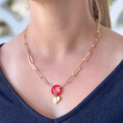 Gold Paperclip Silicone Ring Charm Necklace - Red