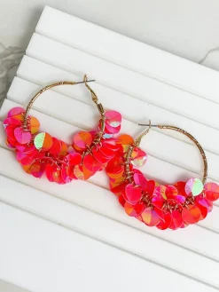 Gold Sequin Hoop Earrings - Bright Pink