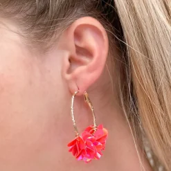 Gold Sequin Hoop Earrings - Bright Pink