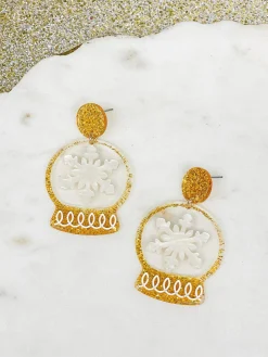 Gold Snow Globe Dangle Earrings - Snowflake