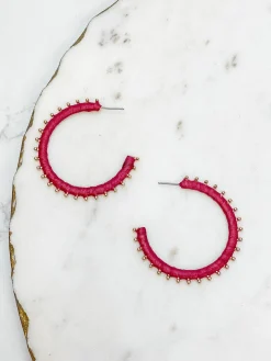Gold Studded Hoop Earrings - Maroon