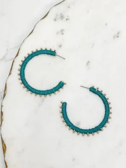 Gold Studded Hoop Earrings - Teal