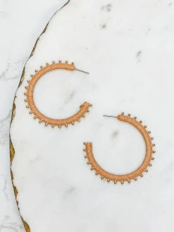 Gold Studded Hoop Earrings - Beige