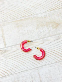 Gold Threaded Hoop Earrings - Hot Pink