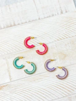 Gold Threaded Hoop Earrings - Hot Pink