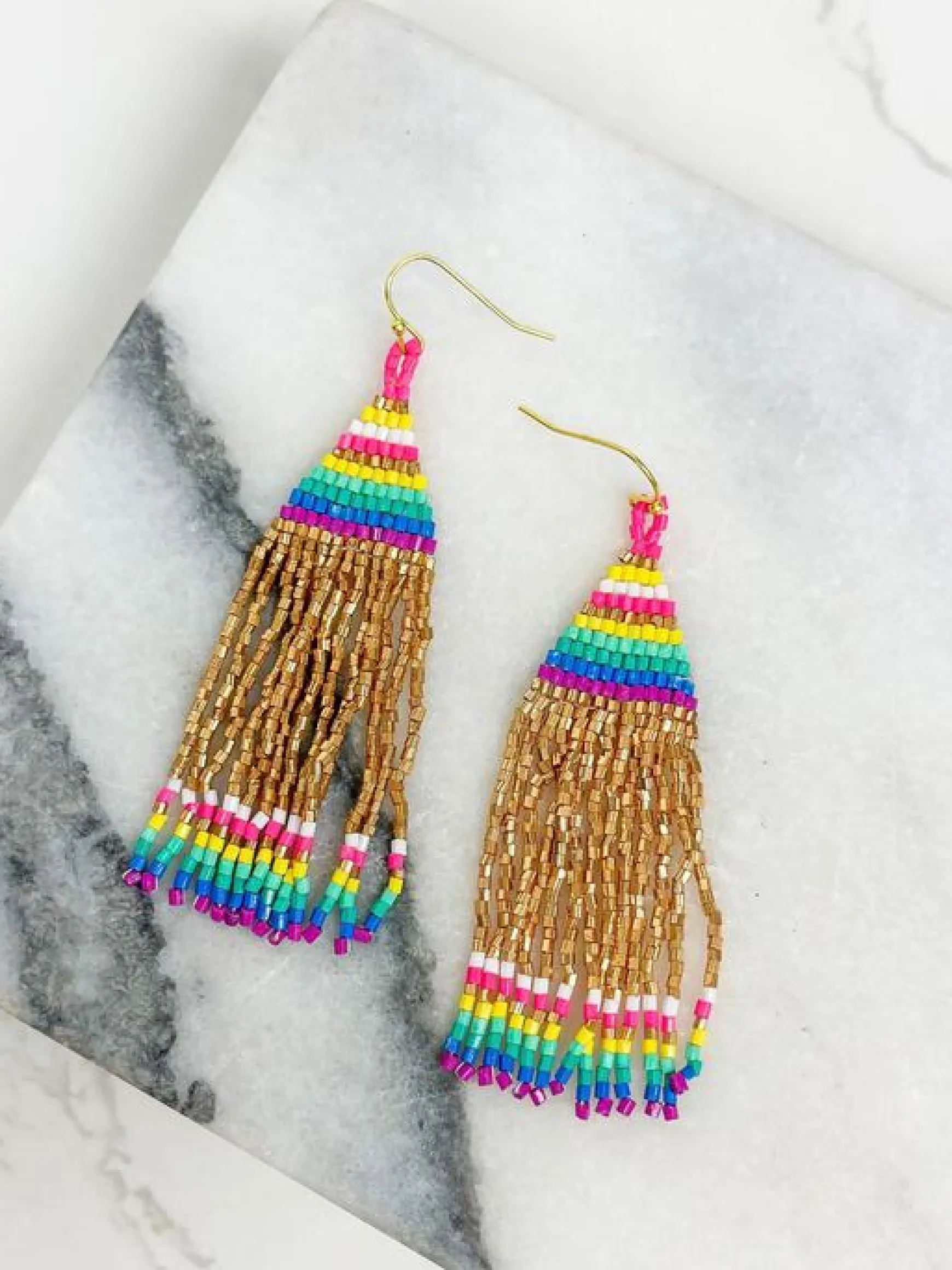 Golden Rainbow Fringe Dangle Earrings