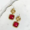 Golden Square Red Jewel Drop Earrings