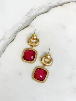Golden Square Red Jewel Drop Earrings