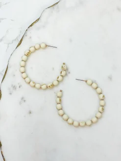 Gold-Foiled Beaded Hoop Earrings - Ivory