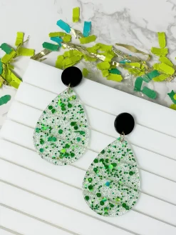 Green Confetti Teardrop Dangle Earrings