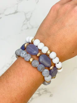 Grey Stone & Wood Beaded Stretch Bracelet Set