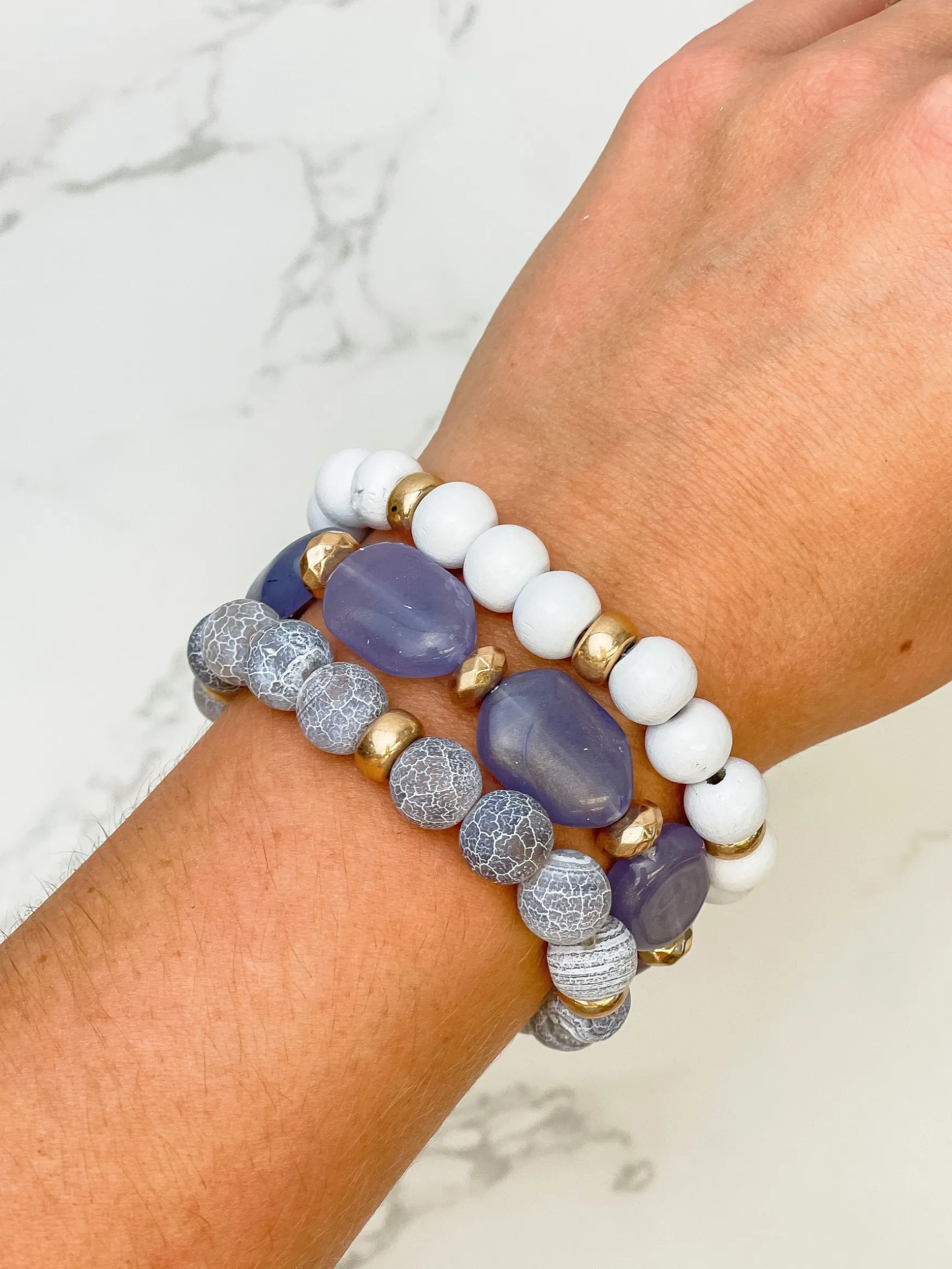 Grey Stone & Wood Beaded Stretch Bracelet Set